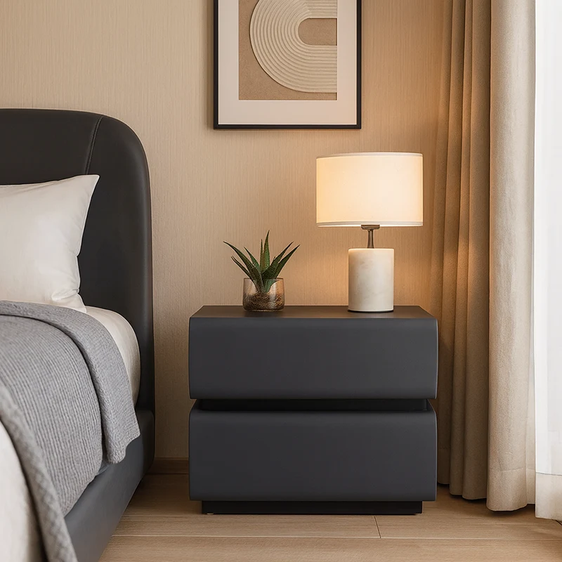Contemporary Faux Leather Bedside Table - Push-to-Open 2 Drawers Nightstand For Bedroom