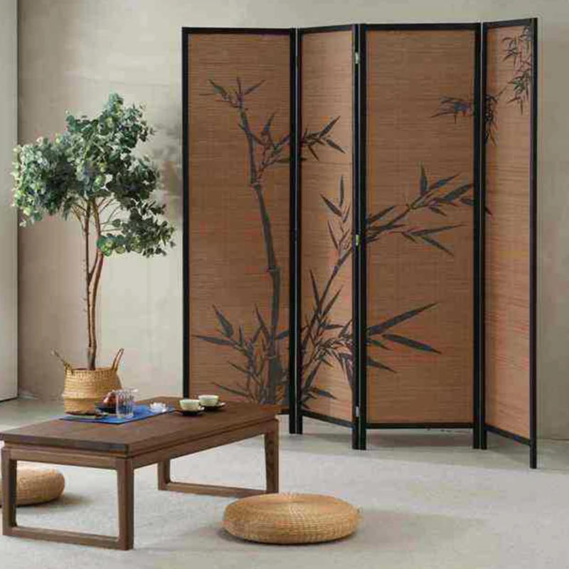 Traditional Chinese Rectangular Bamboo Pattern Solid Wood Bamboo Room Divider For Living Room
