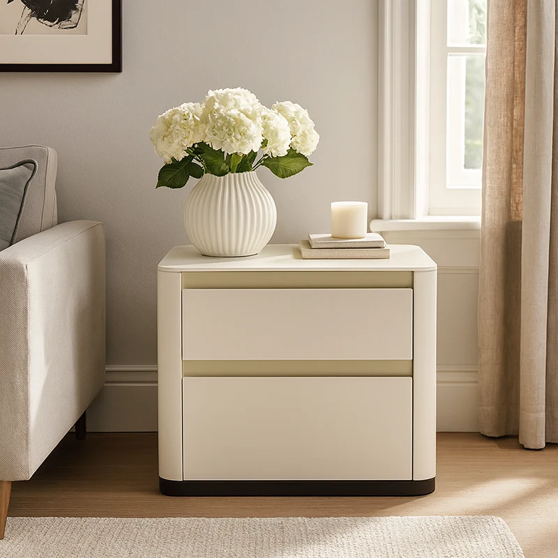 Modern Cream Rounded Corners Bedside Table - Sintered Stone 2 Drawer Nightstand For Bedroom