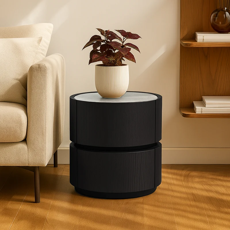 Contemporary Round Cylinder Bedside Table - Saddle-Style Faux Leather Top 2 Drawers Nightstand For Bedroom