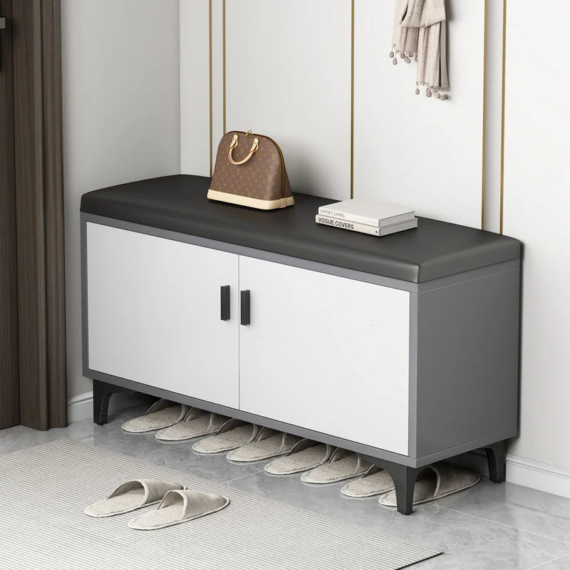 Modern Minimalist Rectangular MDF Faux Leather Shoe Bench 3-Tier For Entryway