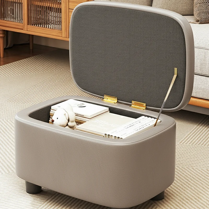 Modern Minimalist Rounded-Edge Solid Wood PU Leather Low Stool 1-Storage For Entryway