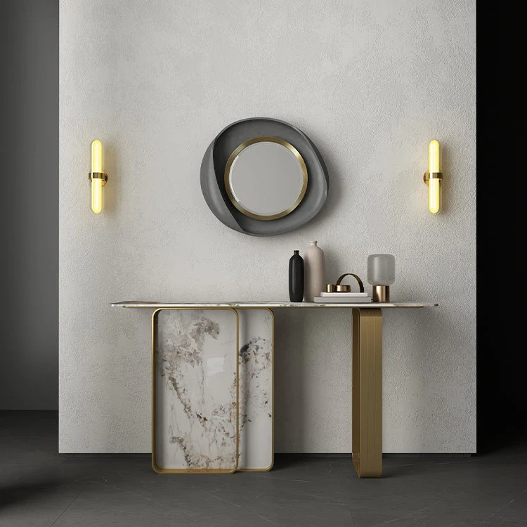 Modern Rectangular Console Table Stone Console Sofa Table in Gold and White