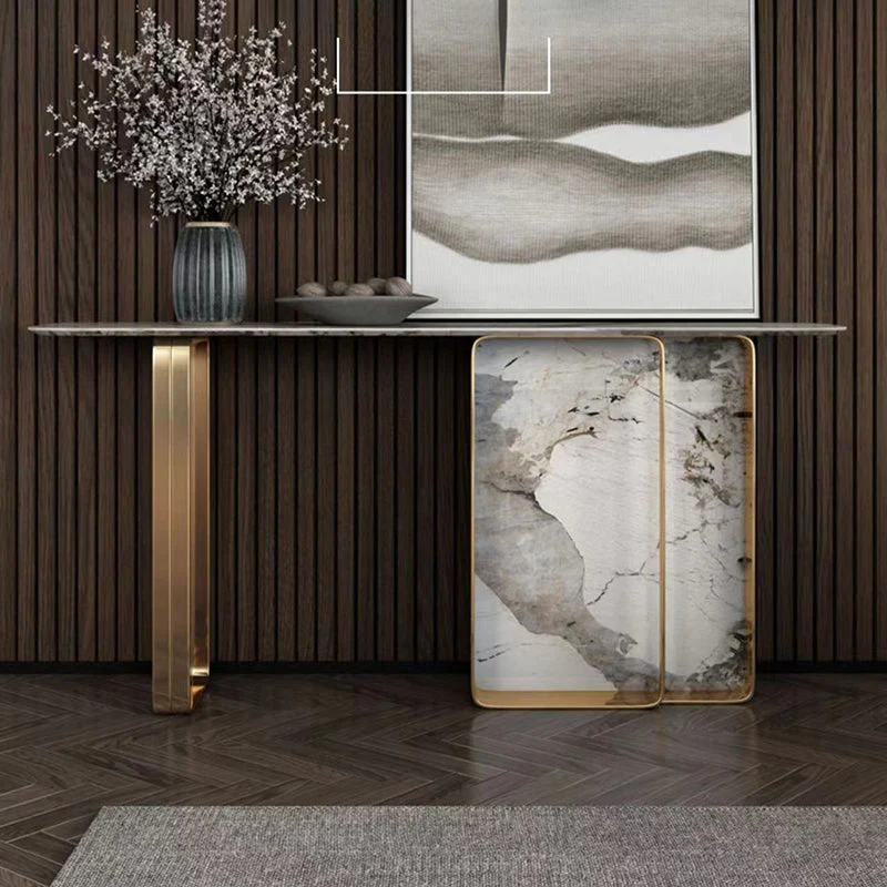 Rectangle Shape Contemporary Console Table Stone Sofa Table in Gold