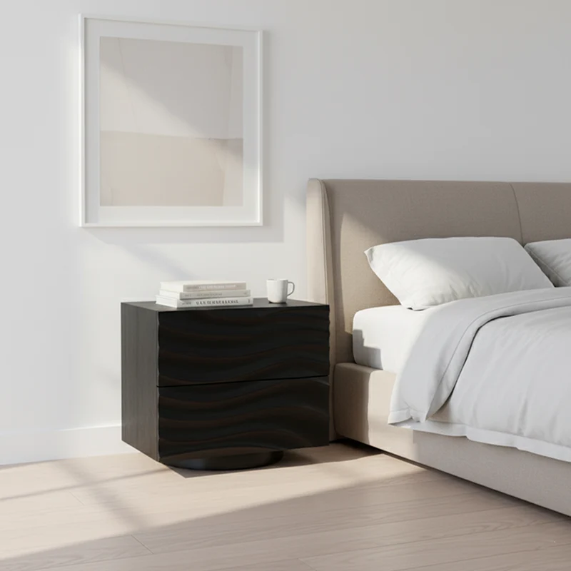 Romantic French Nightstand - Wave-Patterned Surface Solid Wood Multi-Layer Board Bedside Table 2-Drawer For Bedroom
