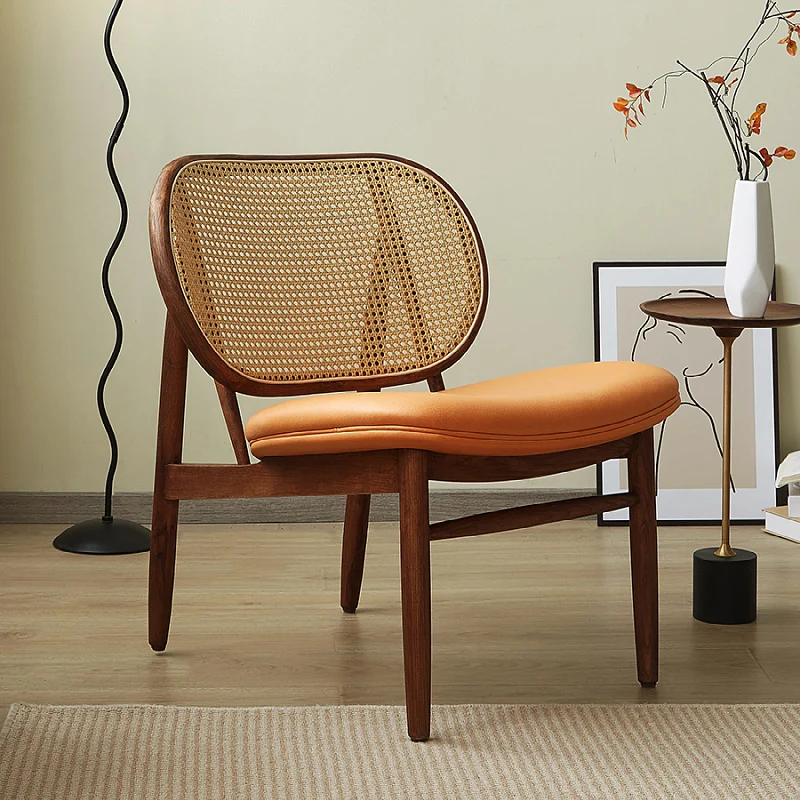 Traditional Rustic Arc Ash Wood Microfiber Leather Faux Rattan Weaving Accent Chair Backrest Armless For Living Room & Bedroom