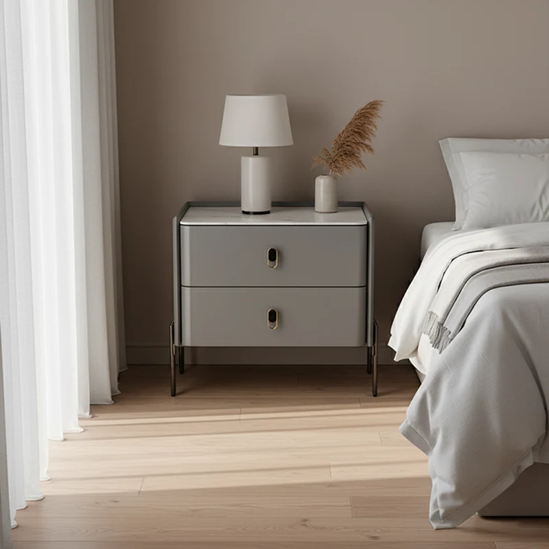 Eco-Friendly Scandinavian Nightstand - Rock Slab Tabletop & Corrosion-Resistant Legs Bedside Table 2-Drawer For Bedroom