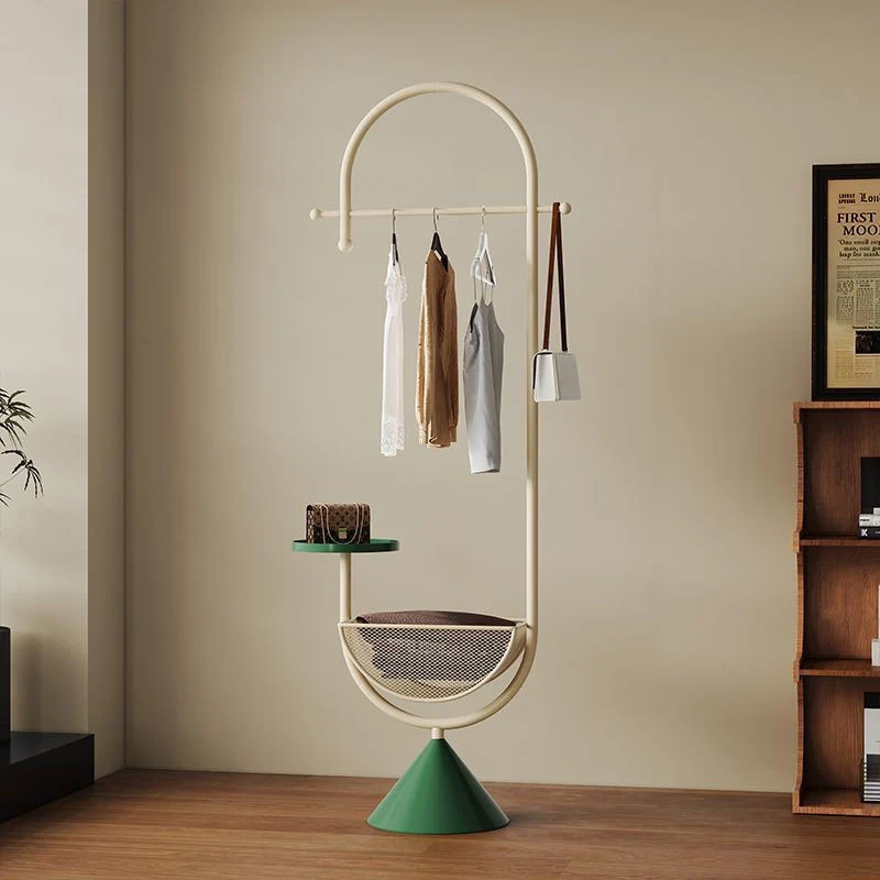 Modern Minimalist G-Shaped Iron Carbon Steel Floor-Standing Hall Tree 1-Basket For Bedroom