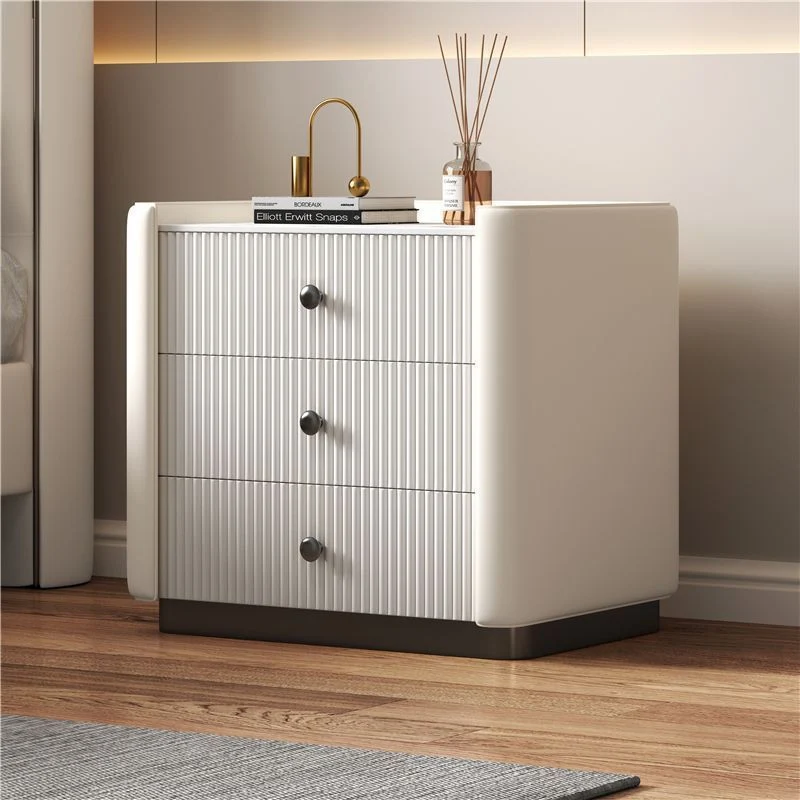 Contemporary Nordic Square Rectangular Stone Slab Faux Nappa Leather Particle Board Pine Wood Nightstand 3-Drawer For Bedroom