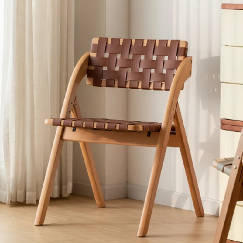 Modern Minimalist Square Rectangular Saddle-Style Faux Leather Rubberwood Foldable Dining Chair Backrest Armless For Dining Room & Kitchen