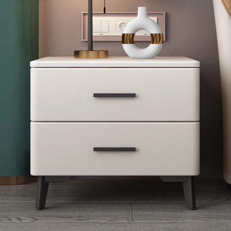 Modern Minimalist Square Rectangular Cat Scratch Leather Pine Wood Carbon Steel Nightstand 2-Drawer For Bedroom