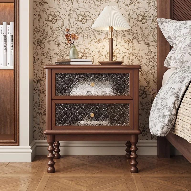 Traditional Vintage Rectangular Rounded & Anti-Collision Corners Rubberwood Solid Wood Multi-Layer Board Glass Nightstand 2-Drawer For Bedroom