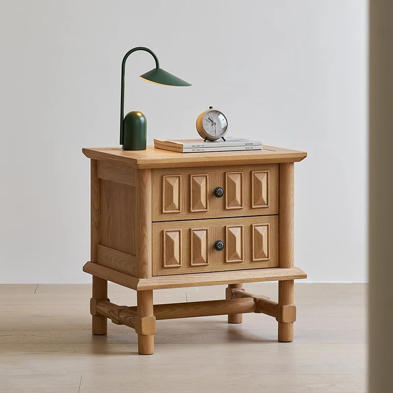 Traditional French Inlaid Rectangular Ash Wood Solid Wood Multi-Layer Board Nightstand 2-Drawer For Bedroom