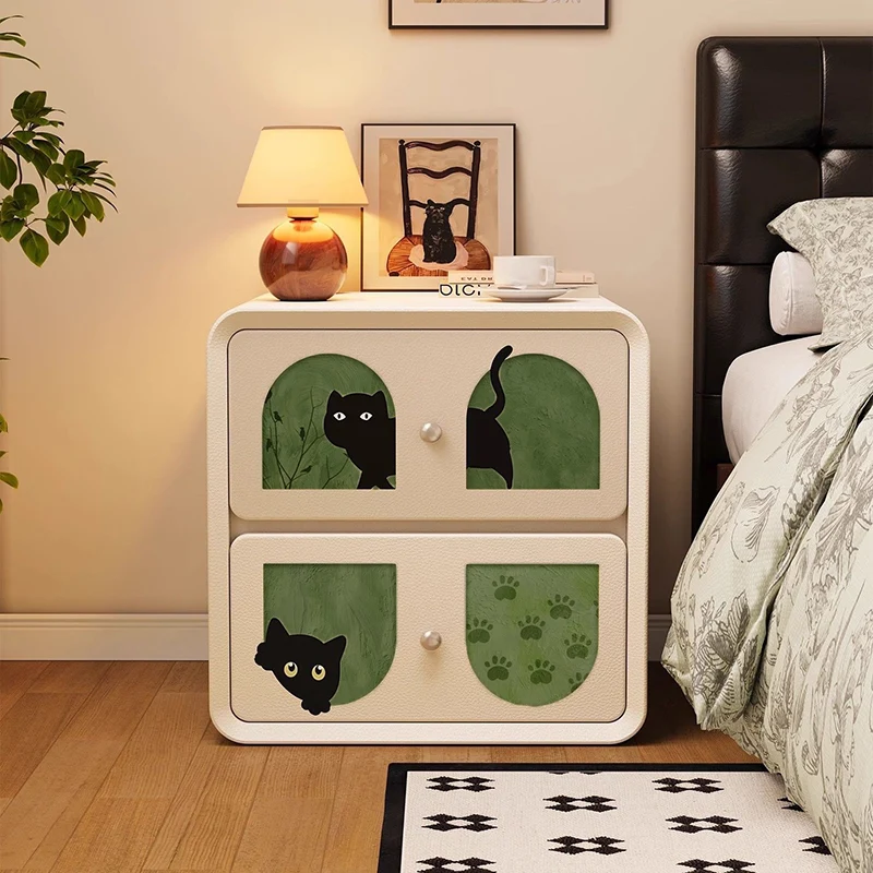 Modern Art Deco Cartoon Animals MDF Plywood Cat Scratching Leather Nightstand 2-Drawer For Bedroom