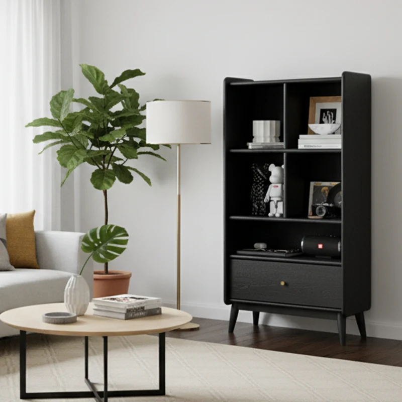 Contemporary Nordic Rectangular Solid Wood Black Display Rack 1-Drawer For Living Room
