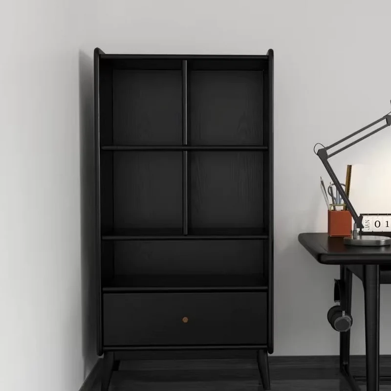 Contemporary Nordic Rectangular Solid Wood Black Display Rack 1-Drawer For Living Room