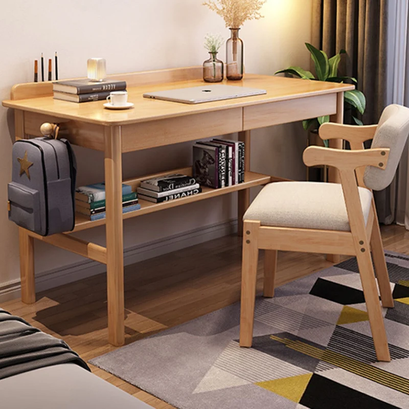Traditional Chinese Rounded Rectangular Corner Design Solid Wood Solid Wood Plywood Desk & Chair Set For Bedroom