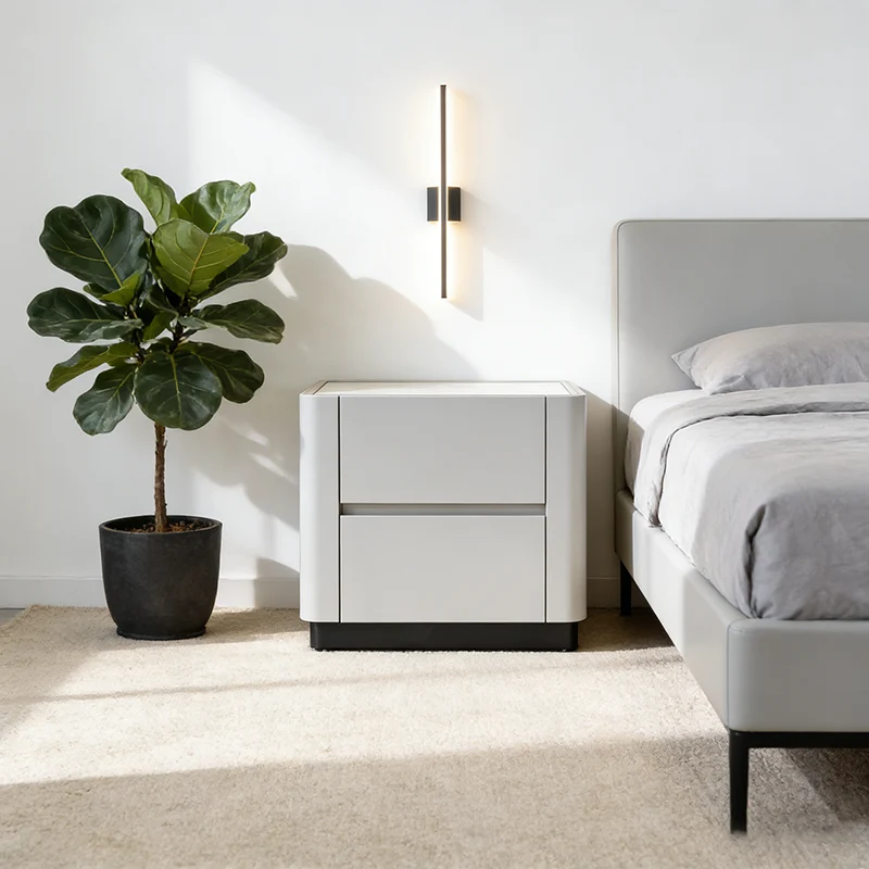 Traditional French Rounded Corners Bedside Table - Solid Wood Plywood 2 Drawers Nightstand For Bedroom
