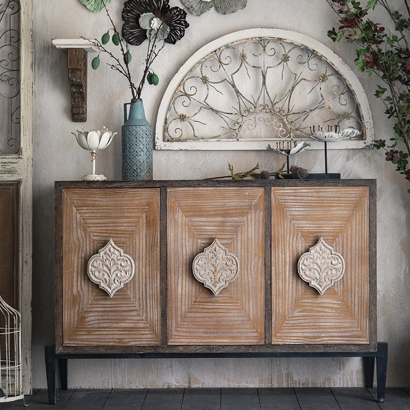 Traditional Vintage Iron & Pine Rectangular Console Table With 3-Cabinet Storage For Entryways & Living Room