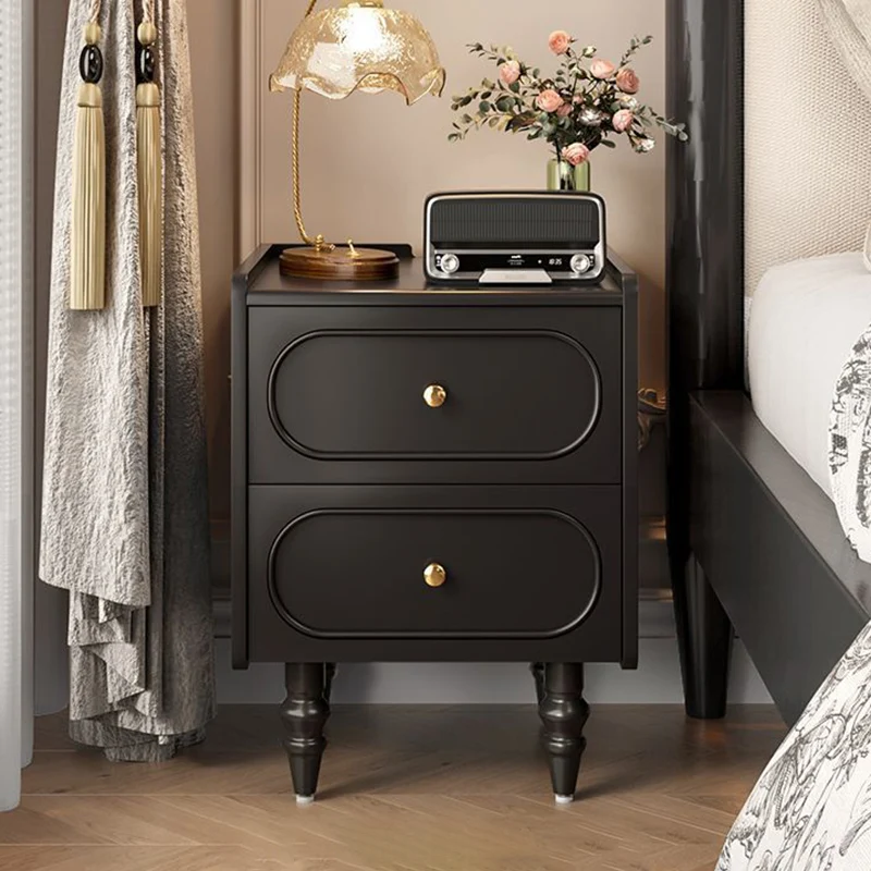 Traditional Vintage Solid Wood Hardware Roman Column Square Nightstand With 2 Drawers For Bedroom