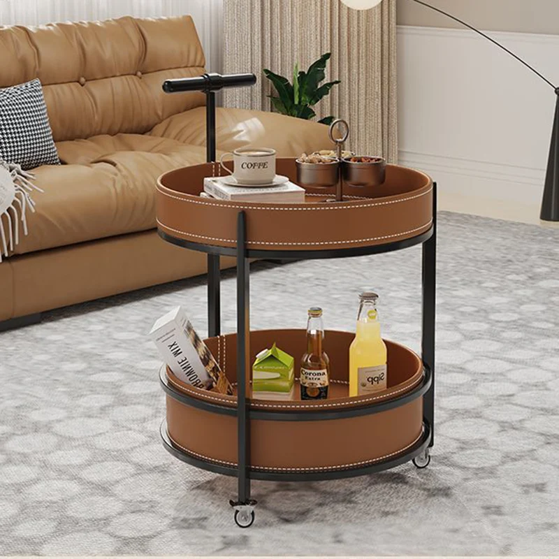 Traditional French Saddle-Style Faux Leather & Carbon Steel Round Mobile Side Table With 2 Tiers For Living Room
