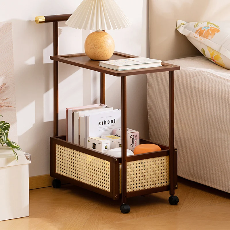 Traditional Vintage Bamboo Faux Rattan Cylindrical Rectangular Mobile Side Table With 2 Tiers For Living Room