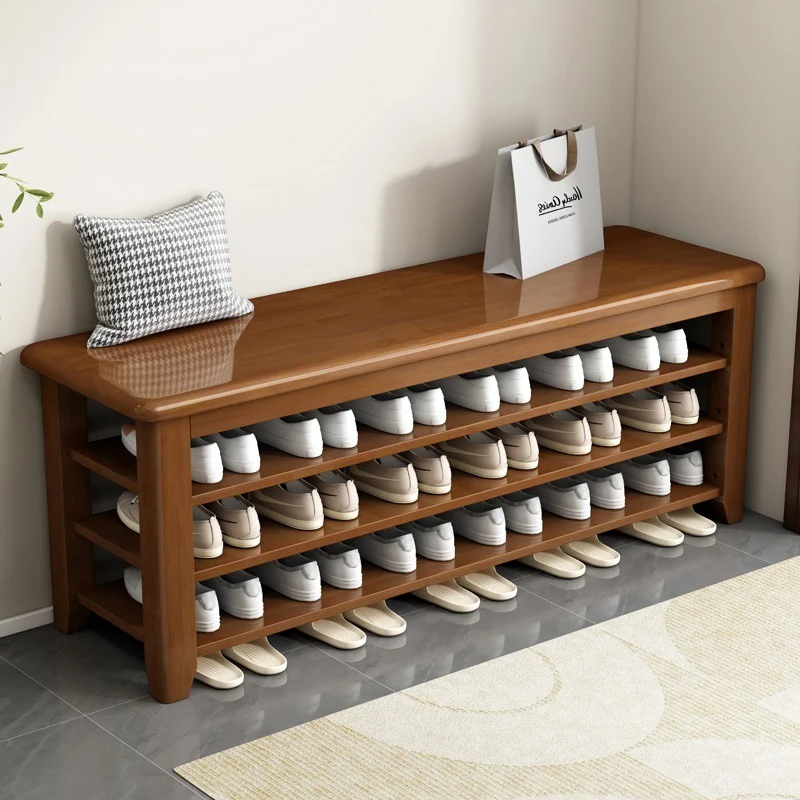 Traditional Chinese Solid Wood Rectangular Shoe Bench With 3 Tiers For Living Room