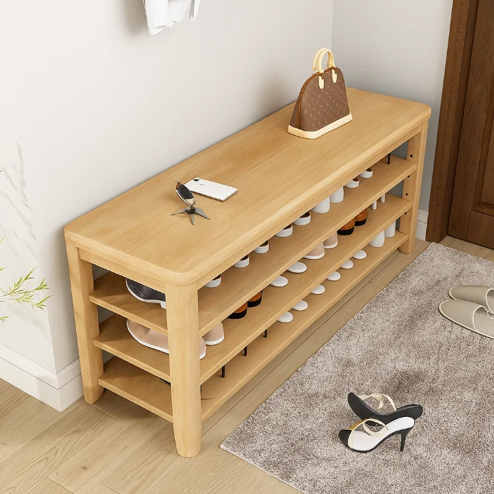 Traditional Chinese Solid Wood Rectangular Shoe Bench With 3 Tiers For Living Room