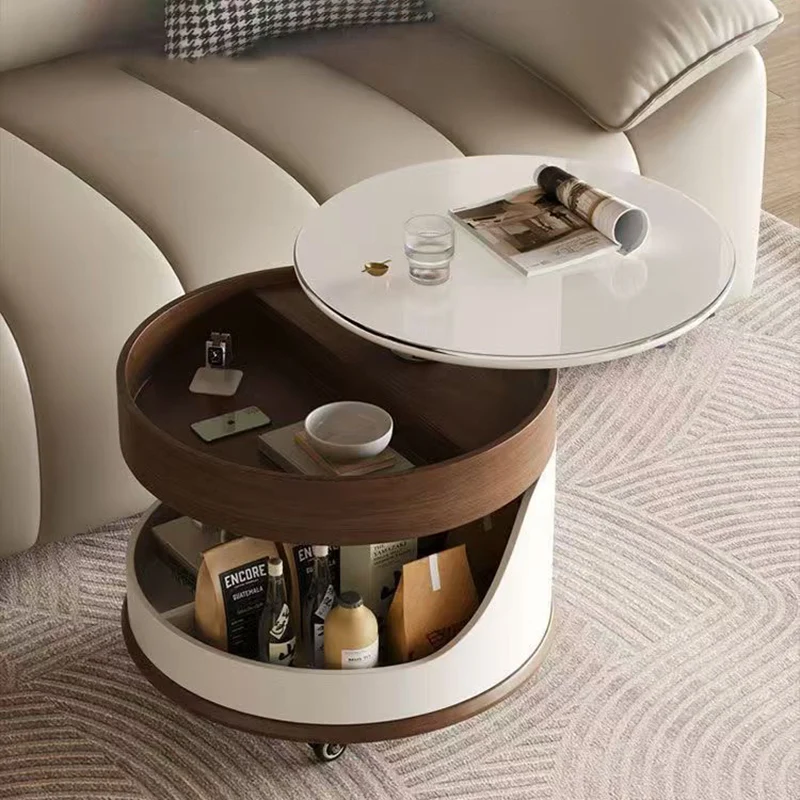 Contemporary Scandinavian Sintered Stone Engineered Wood Metal Movable Round Curved Coffee Table 3-Tier For Living Room