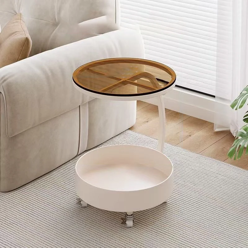 Contemporary Creative Glass MDF Iron Movable Round Side Table 2-Tier For Living Room