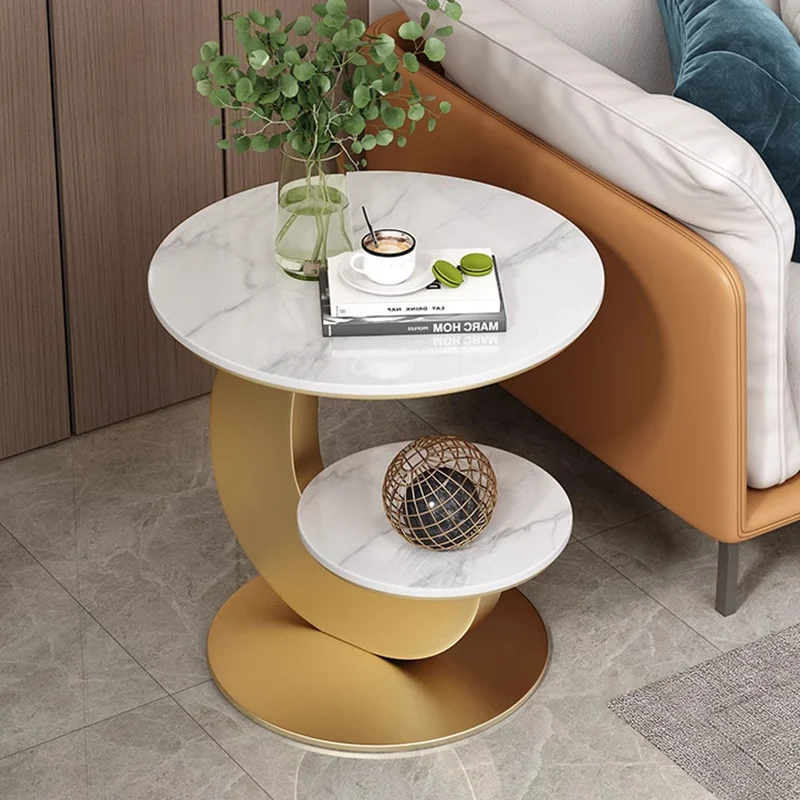 Modern Luxury Sintered Stone Iron Round Curved Coffee Table 2-Tier For Living Room