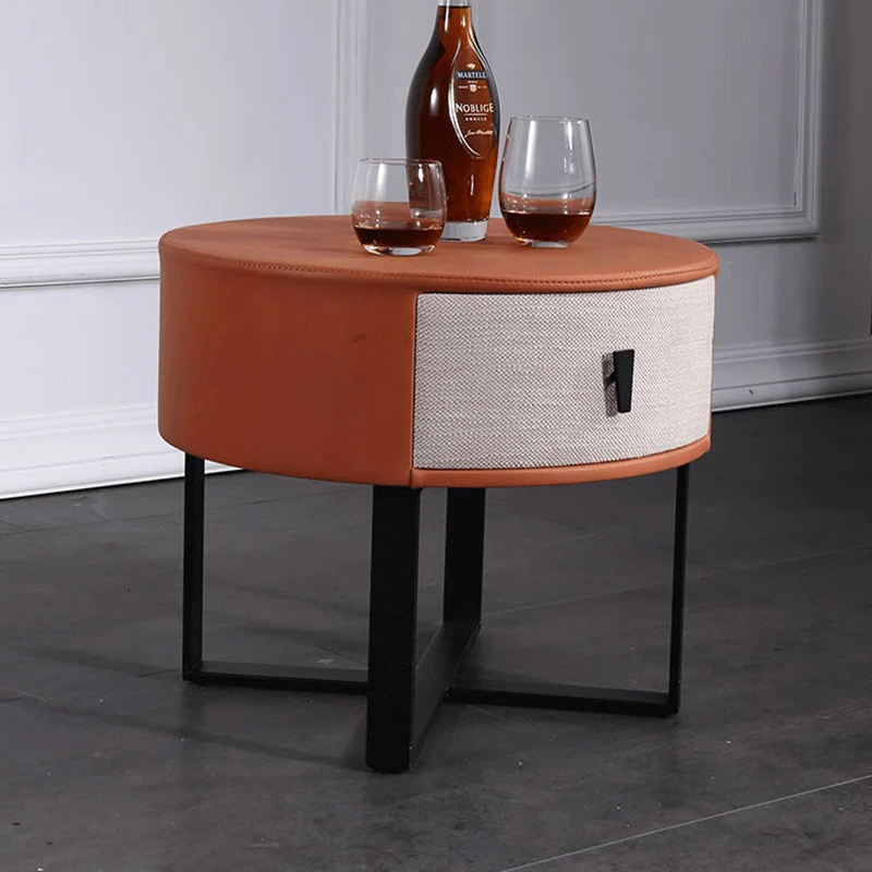 Contemporary Creative Round Circular 1 Drawer Nightstand - Faux Leather Metal Legs Bedside Table For Bedroom