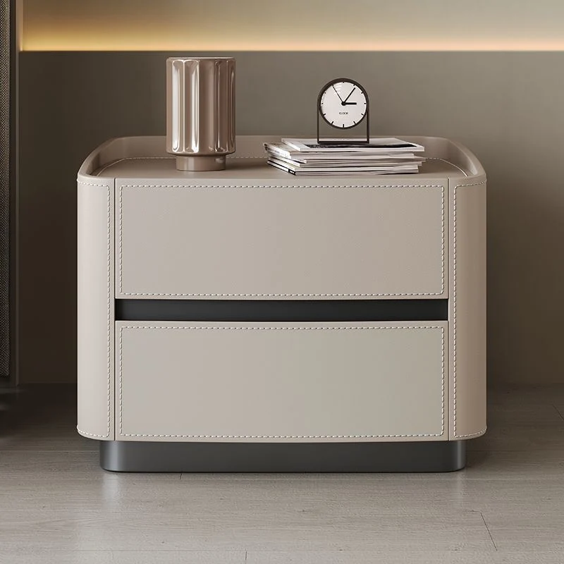 Modern Minimalist Square Rectangular Saddle-Style Faux Leather Solid Wood Solid Wood Plywood Nightstand 2-Drawer For Bedroom