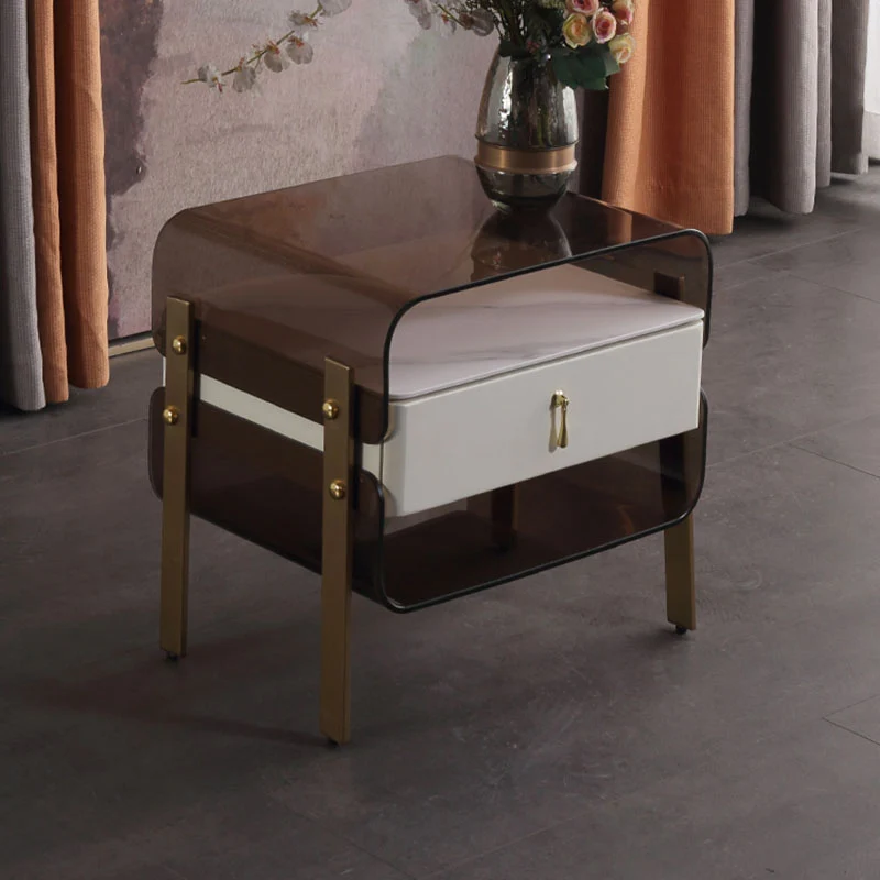 Contemporary Creative Clear Acrylic Bedside Table - Gold Metal Legs 1 Drawer Nightstand For Bedroom