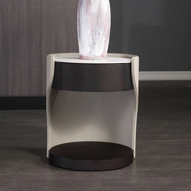 Contemporary Round 1 Hidden Drawer Bedside Table - Faux Leather Open Shelf Nightstand For Bedroom