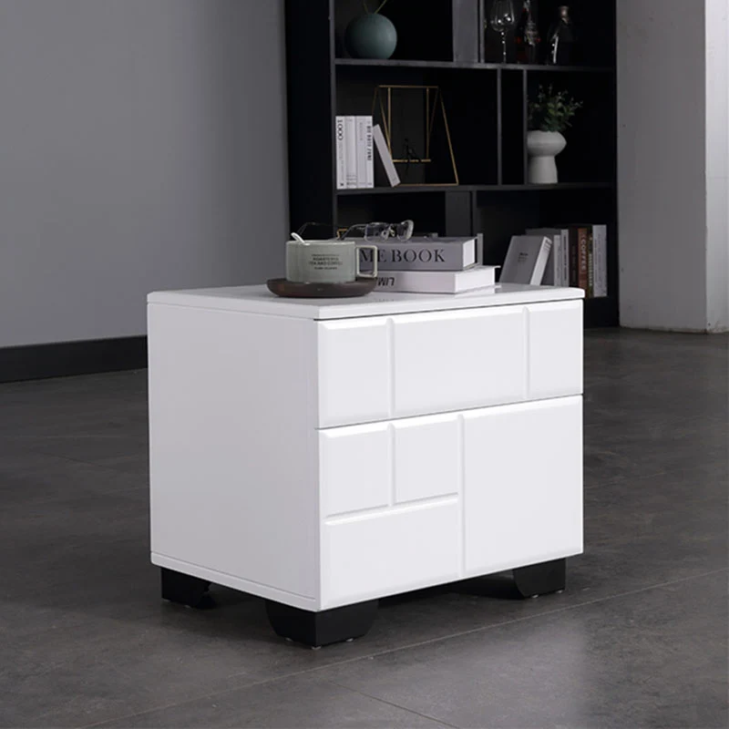 Modern Minimalist High-Gloss White Bedside Cabinet - 2 Drawer Geometric Texture Nightstand For Bedroom