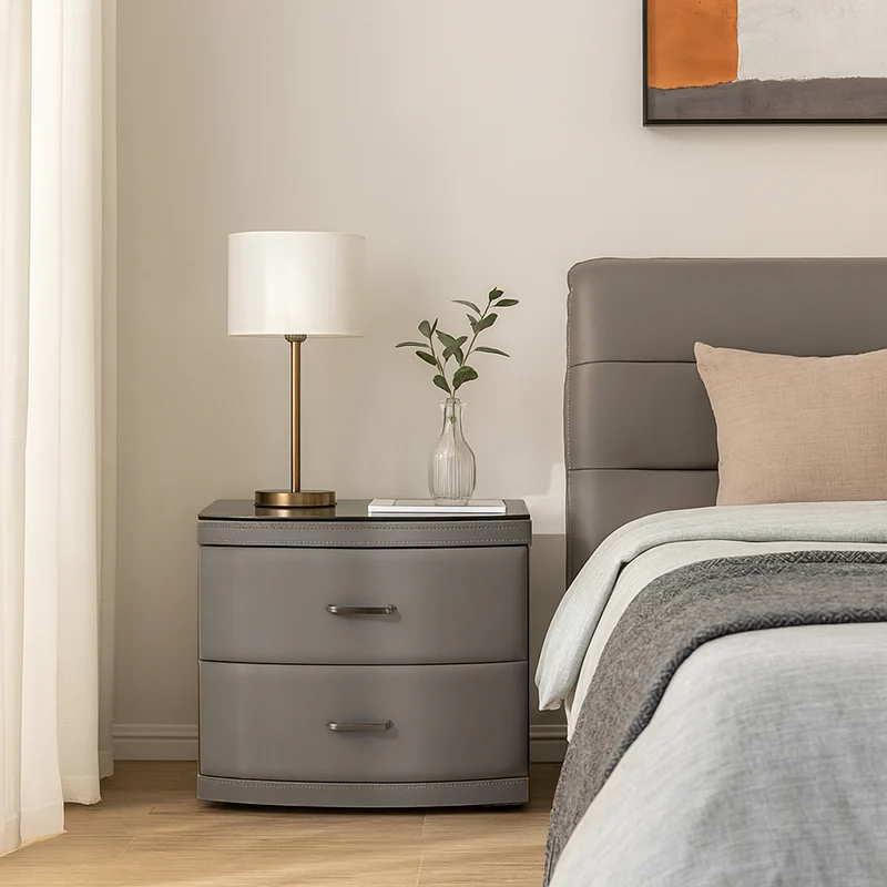 Contemporary Scandinavian Tempered Glass Top Bedside Table - 2 Drawers Curved Nightstand For Bedroom