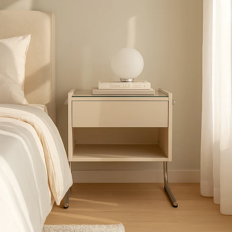 Contemporary Industrial Stainless Steel Bedside Table - 1 Drawer Open Shelf Nightstand For Bedroom