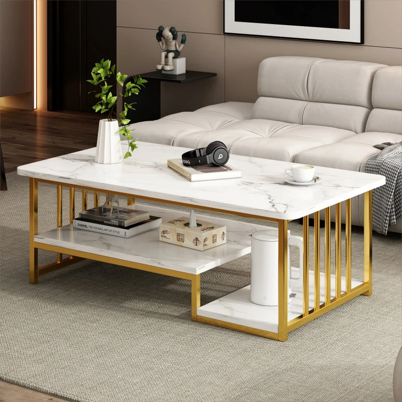 Modern Minimalist Rectangular MDF Iron Coffee Table 2/3-Tier For Living Room