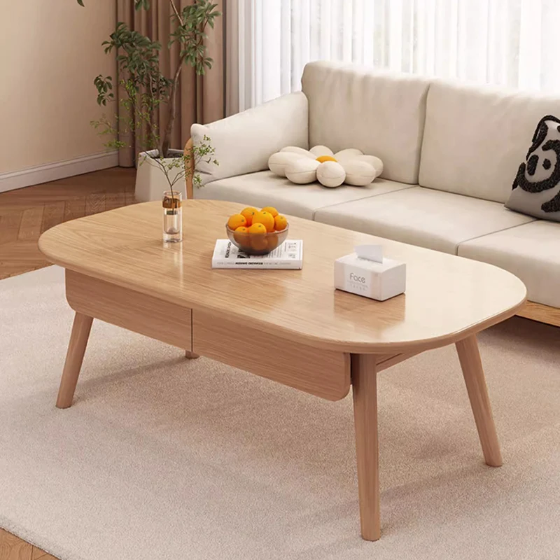Modern Minimalist Rounded Rectangle Eco-Friendly Wood Panel Solid Wood Coffee Table 2-Drawer For Living Room