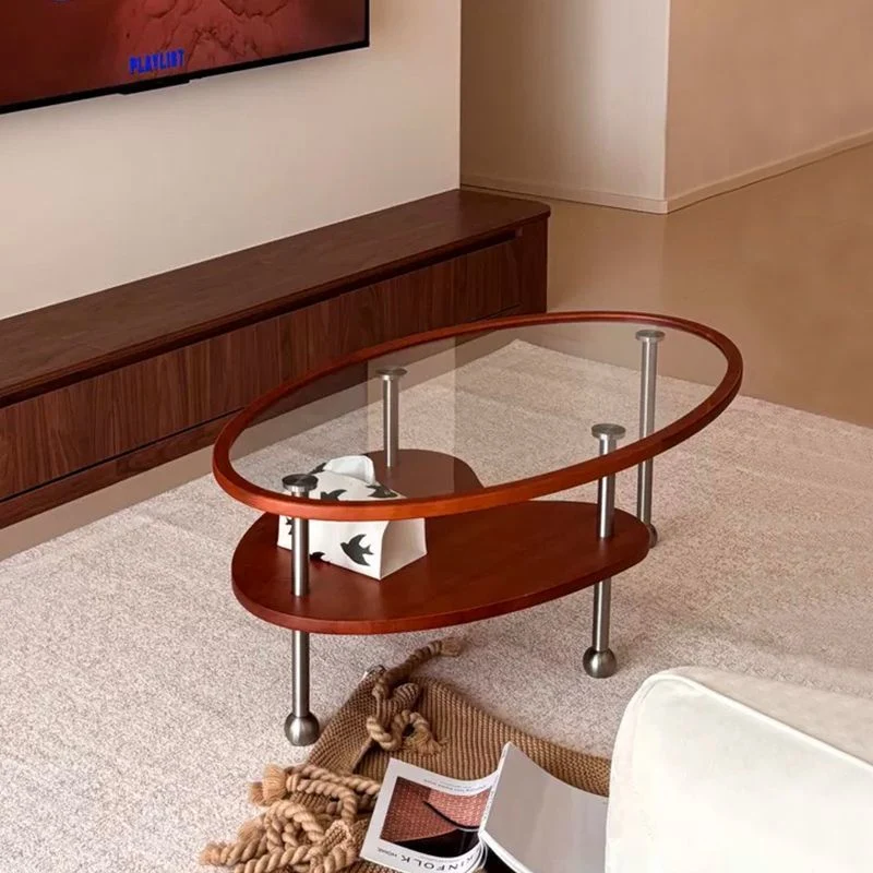 Traditional Vintage Cylindrical Solid Wood Glass Stainless Steel Coffee Table 2-Tier For Living Room