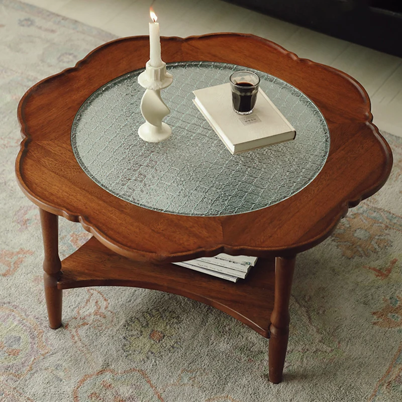 Traditional Vintage Floral-Shaped Solid Wood Glass Coffee Table 2-Tier For Living Room