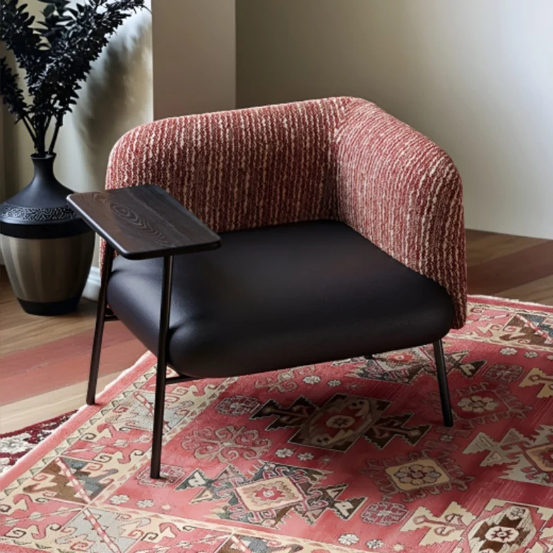 Modern Minimalist Rectangular Carbon Steel Solid Wood PU Leather Cotton-Linen Accent Chair Backrest Armrest For Living Room