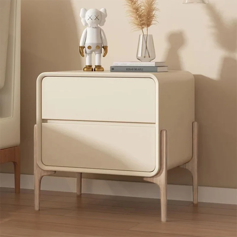Modern Minimalist Rectangular Solid Wood & Plywood Faux Leather Nightstand 2-Drawer For Bedroom