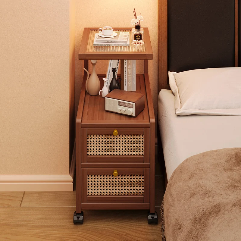 Traditional Japanese Rectangular Glass Faux Rattan Bamboo Nightstand 2-Tier For Bedroom