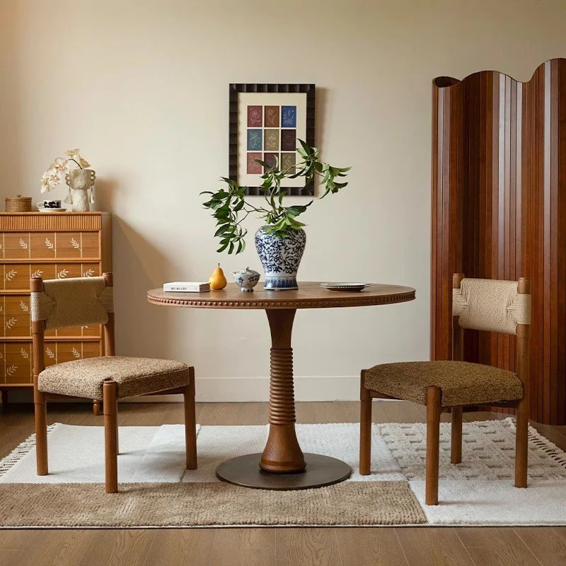 Traditional Vintage Rectangular Solid Wood Paper Cord Cotton-Linen Dining Chair Backrest Armless For Dining Room & Kitchen