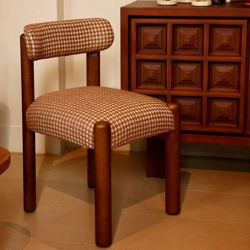 Traditional Vintage Rectangular Solid Wood Carbon Steel Sherpa Fabric Cotton-Linen Dining Chair Backrest Armless For Dining Room & Kitchen