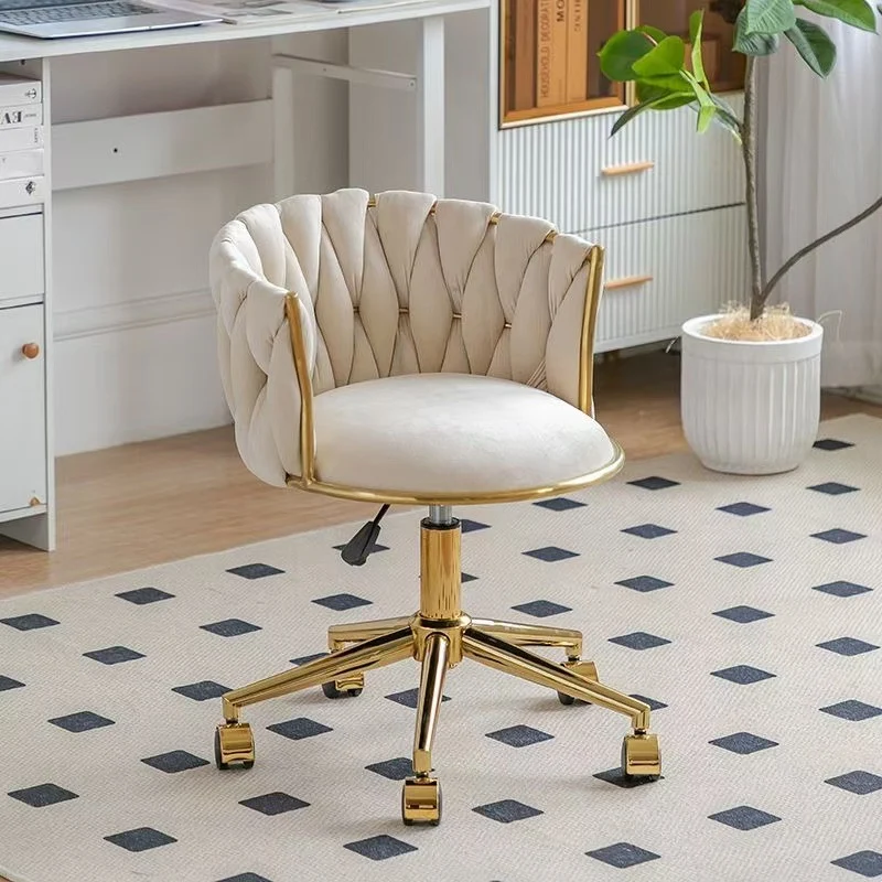 Contemporary Nordic Square Round Titanium Gold Coated Iron Velvet 360°Swivel Height Adjustable Vanity Stool Backrest Armless For Bedroom