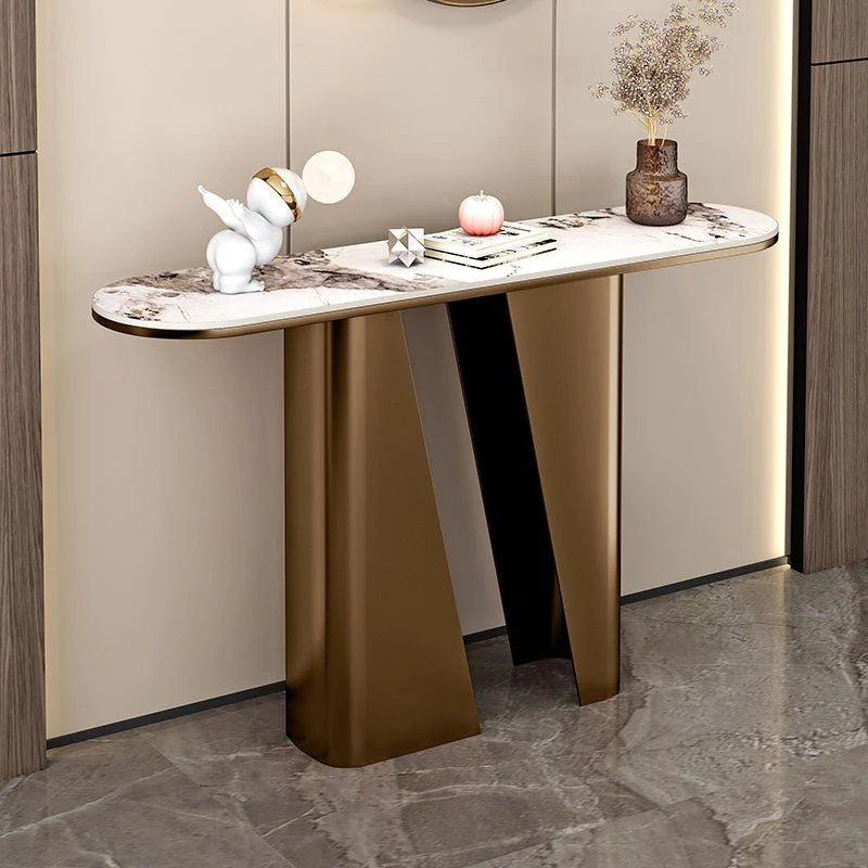 Modern Half Moon Console Table Stone Console Sofa Table in Gold/Black