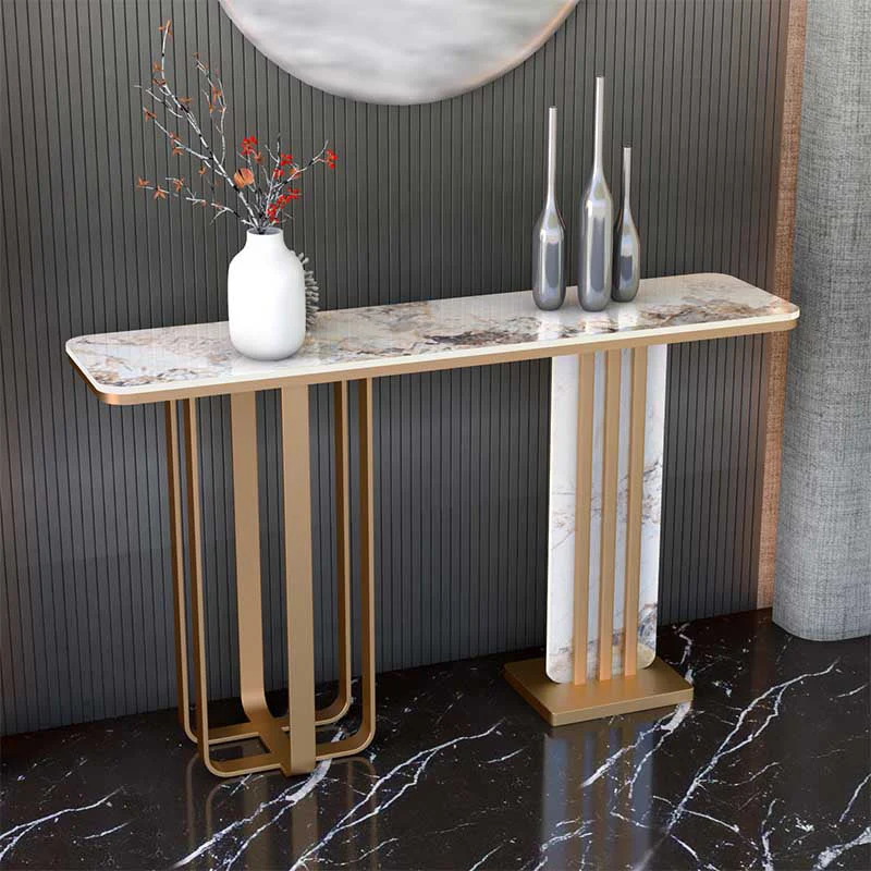 Glam Golden Console Accent Table with Rectangle Stone for Hall